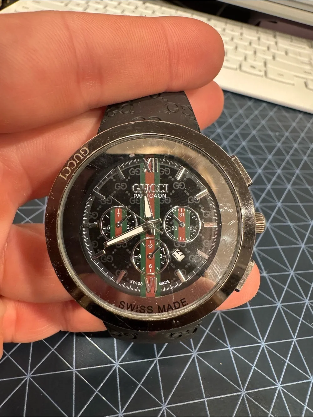 Gucci Pantcaon Swiss Made Multi-Dial Wristwatch Black Rubber Band Rose Gold Case